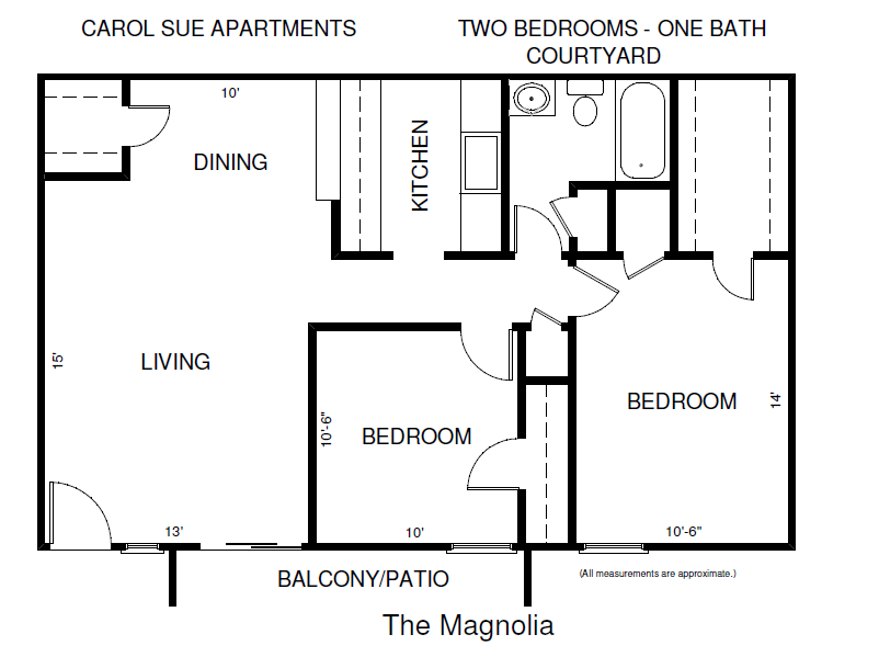 Floor plan for 2 beds, 1 bath, 900 sqft